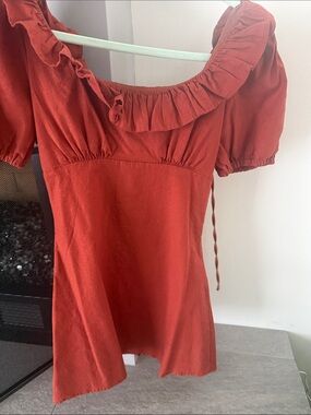 MAJORELLE Terracotta Ruffle-Neck Mini Dress